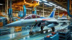 Illustration of France's defense industry transformation with a Rafale fighter plane symbolizing technological advancements. Image generated by AI.