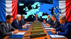Illustration of France's refusal to loosen arms export regulations within Europe. Image generated by AI.