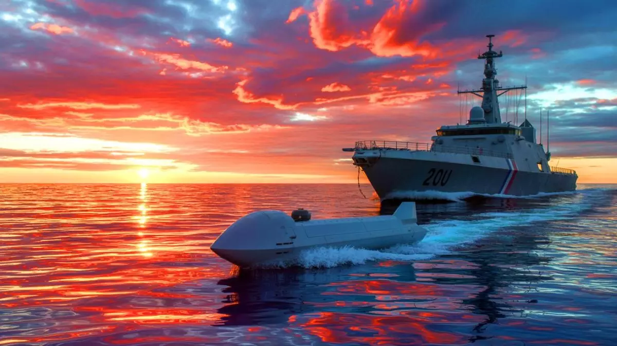 Illustration of a French Navy one-way attack unmanned surface vehicle during its test off the coast of Toulon. Image generated by AI.