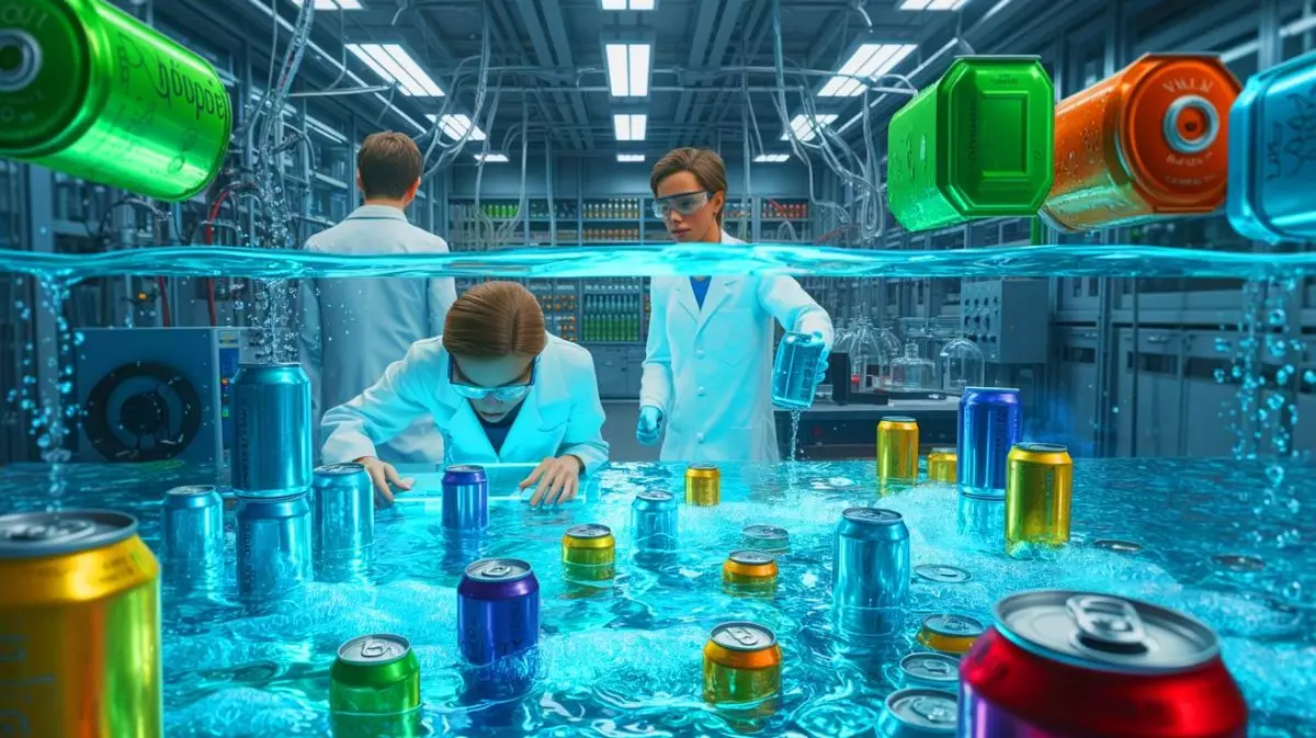 Illustration of MIT's innovative process using recycled soda cans and seawater to produce hydrogen. Image generated by AI.