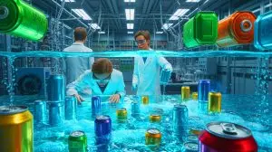 Illustration of MIT's innovative process using recycled soda cans and seawater to produce hydrogen. Image generated by AI.