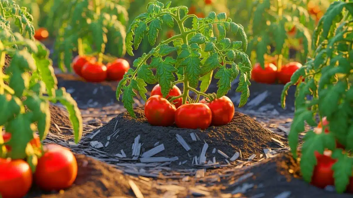 Illustration of wood ash being applied to a tomato garden to enhance yield. Image generated by AI.