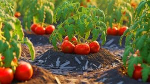Illustration of wood ash being applied to a tomato garden to enhance yield. Image generated by AI.
