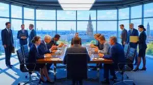 Illustration of Germany's opposition to France's proposal to tax American tech giants amidst EU-US trade tensions. Image generated by AI.