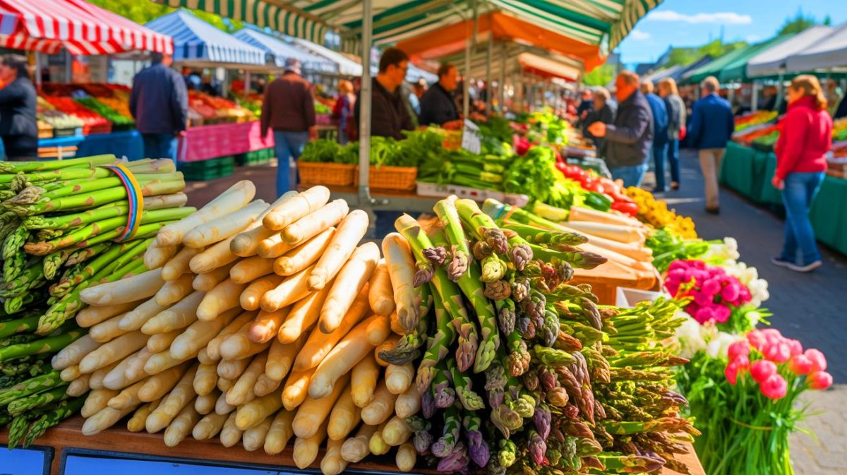 Illustration of Germany's asparagus season with white and green asparagus. Image generated by AI.