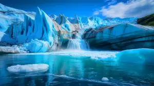 Illustration of the alarming rate of global glacier melting and its environmental impact. Image generated by AI.