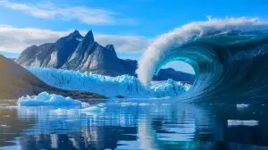 Illustration of twin tsunamis in a remote East Greenland fjord triggered by glacier melting. Image generated by AI.