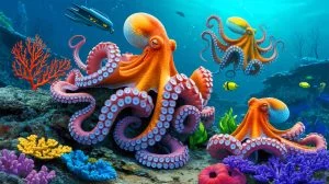 Illustration of octopuses potentially emerging as dominant species in a post-human world. Image generated by AI.