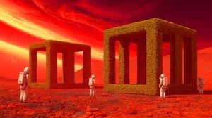 Illustration de la construction autonome sur Mars à l'aide de lichen synthétique. Image réalisée par IA.