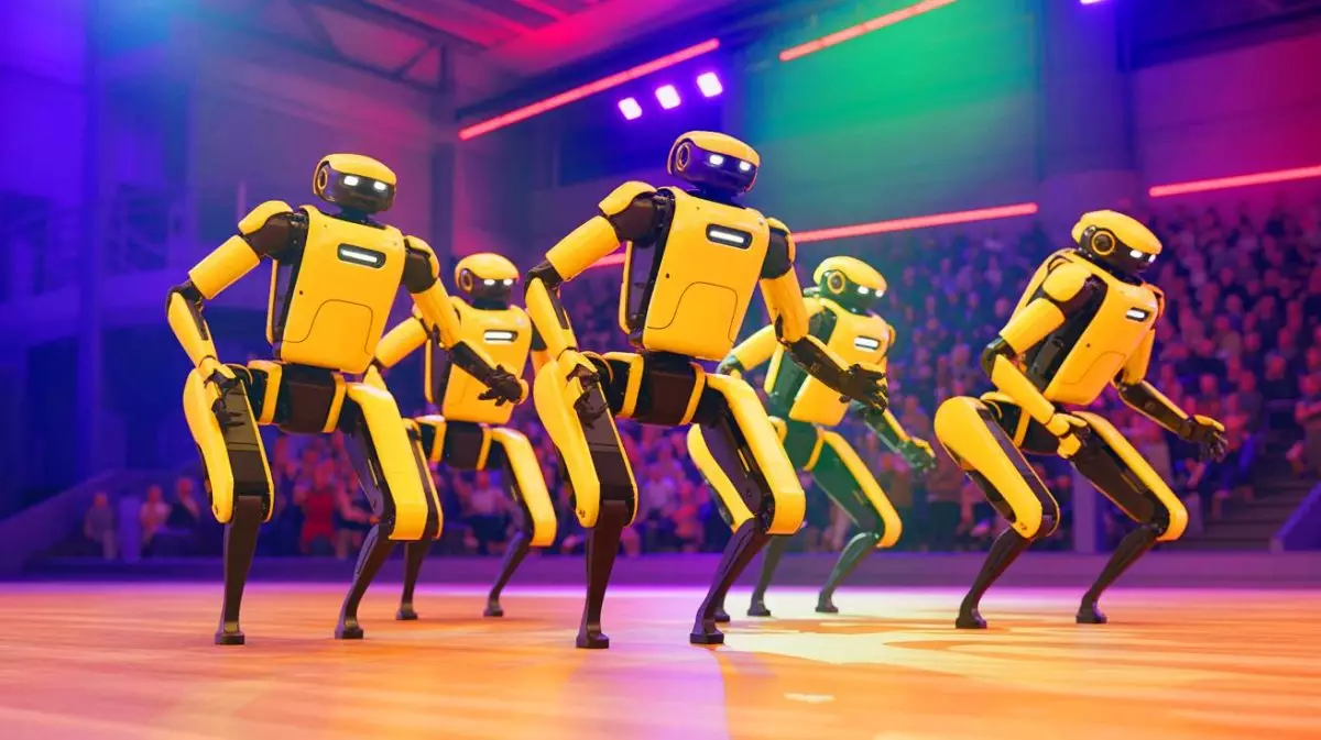 Illustration de robots Spot de Boston Dynamics exécutant une danse synchronisée sur la scène d'America's Got Talent. Image réalisée par IA.