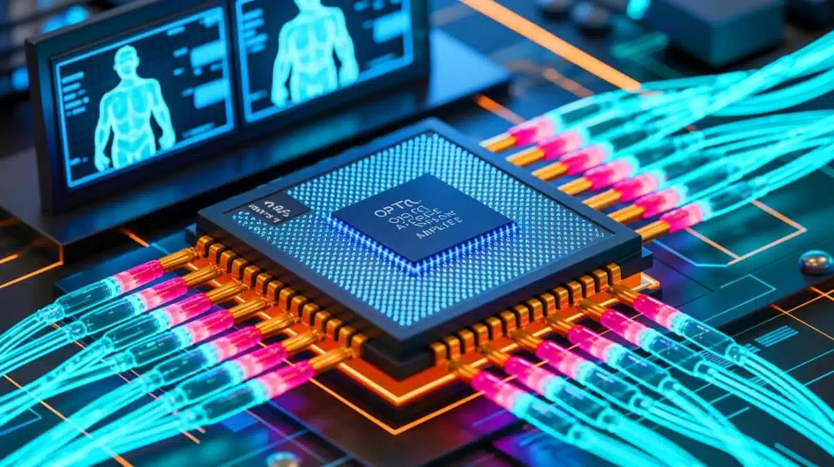 Illustration of a groundbreaking optical amplifier chip enhancing data transmission and medical imaging. Image generated by AI.