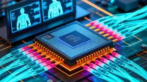 Illustration of a groundbreaking optical amplifier chip enhancing data transmission and medical imaging. Image generated by AI.
