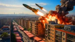 Illustration of Iran's missile strikes on Israeli cities amidst escalating geopolitical tensions. Image generated by AI.