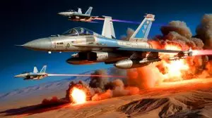 Illustration of Israeli fighter jets conducting airstrikes on Iranian nuclear sites. Image generated by AI.