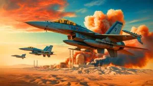 Illustration de l'escalade des tensions entre Israël et l'Iran avec des frappes aériennes et des ripostes de missiles. Image réalisée par IA.