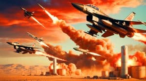 Illustration of escalating tensions between Israel and Iran with missile and airstrikes. Image generated by AI.