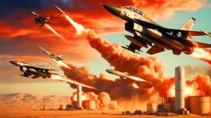 Illustration of escalating tensions between Israel and Iran with missile and airstrikes. Image generated by AI.