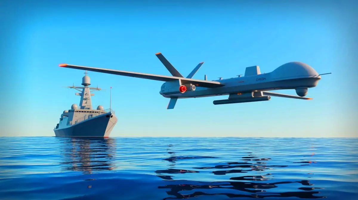Illustration of the Orion drone being deployed from a Russian naval warship in the Black Sea. Image generated by AI.