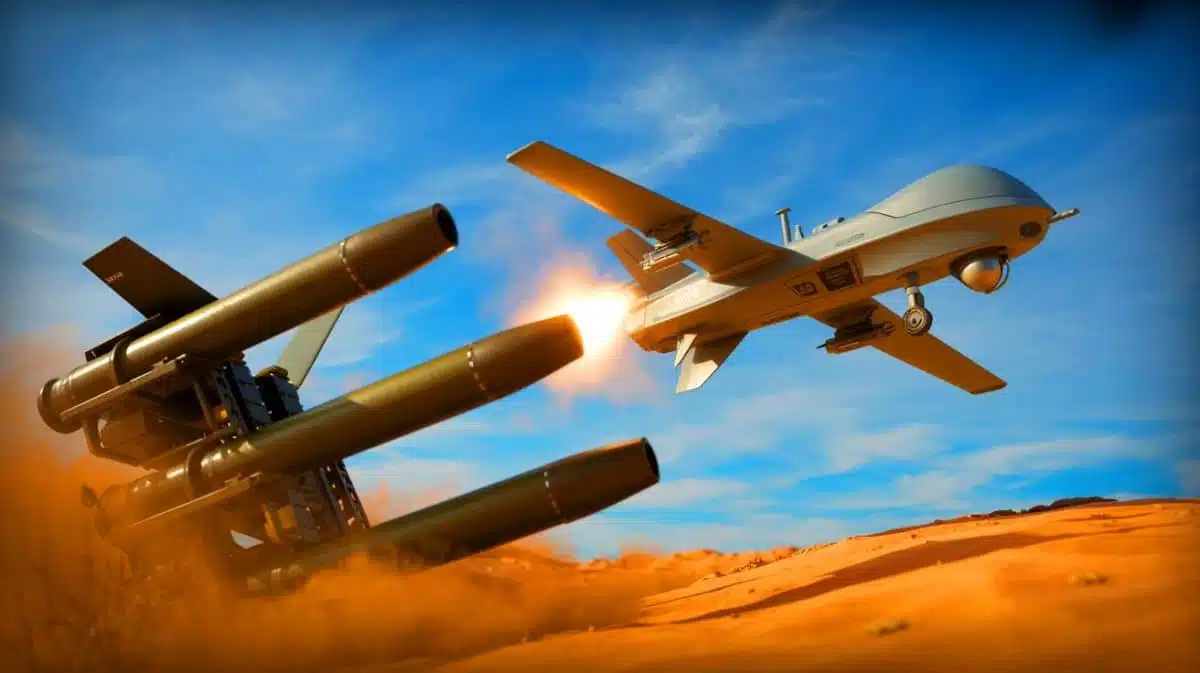 Illustration de drones chinois lancés par obus d'artillerie. Image réalisée par IA.