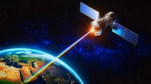 Illustration de la transmission de données par laser depuis un satellite géostationnaire. Image réalisée par IA.