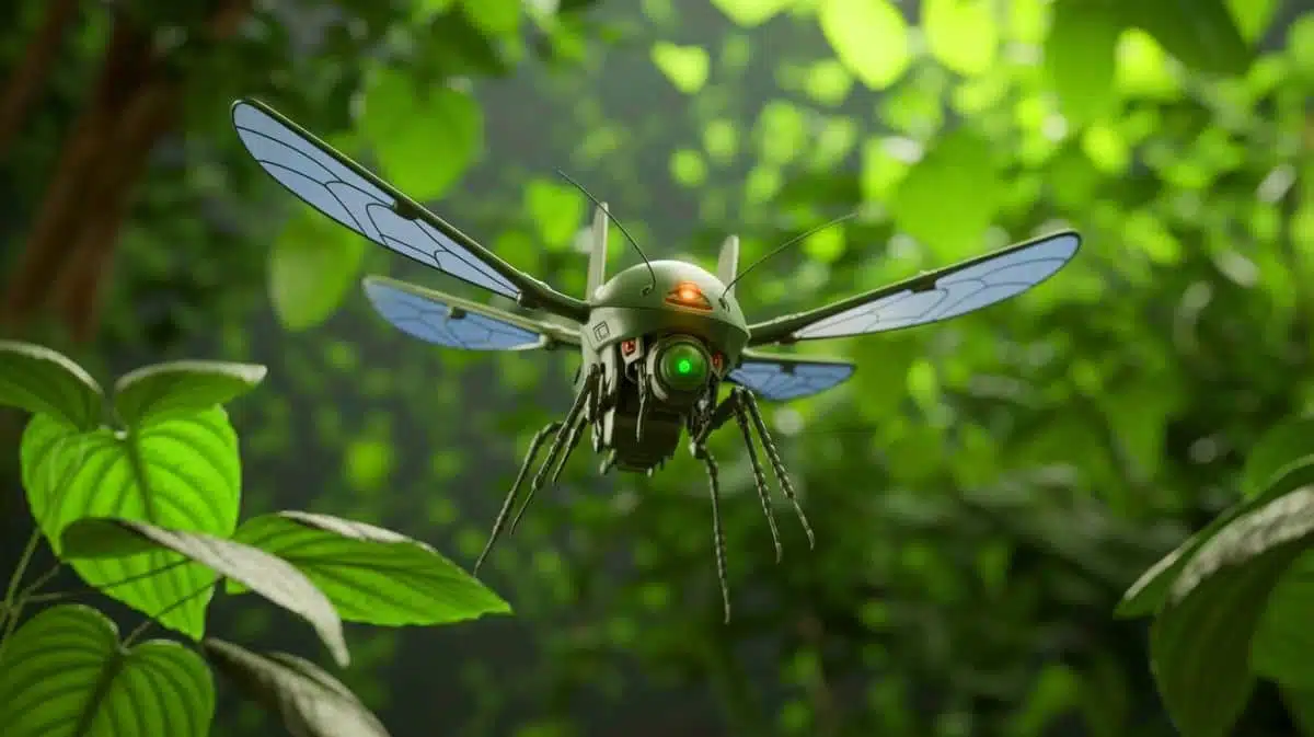 Illustration de drones miniatures de la taille d'un moustique utilisés pour des opérations militaires discrètes. Image réalisée par IA.