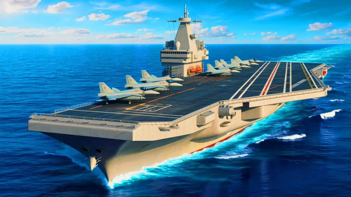 Illustration de l'imposant porte-avions chinois Fujian équipé de catapultes électromagnétiques. Image réalisée par IA.