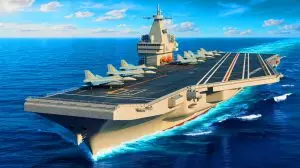 Illustration de l'imposant porte-avions chinois Fujian équipé de catapultes électromagnétiques. Image réalisée par IA.