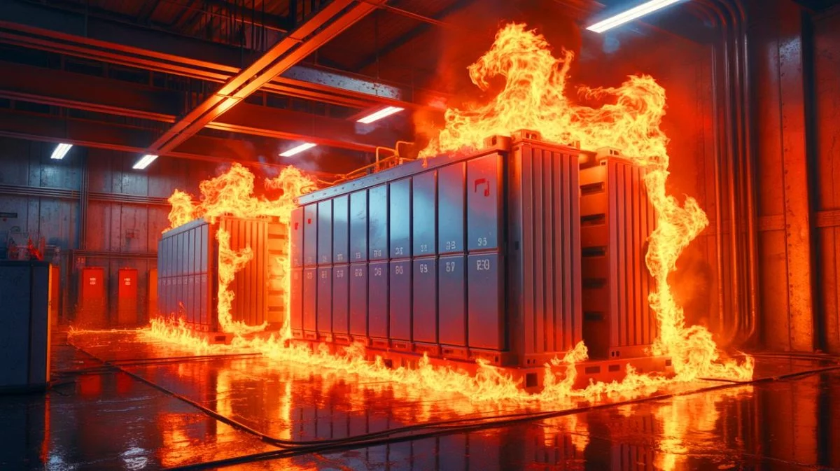 Illustration de la réalisation du premier test mondial de feu à grande échelle à porte ouverte pour les systèmes de stockage d'énergie. Image réalisée par IA.