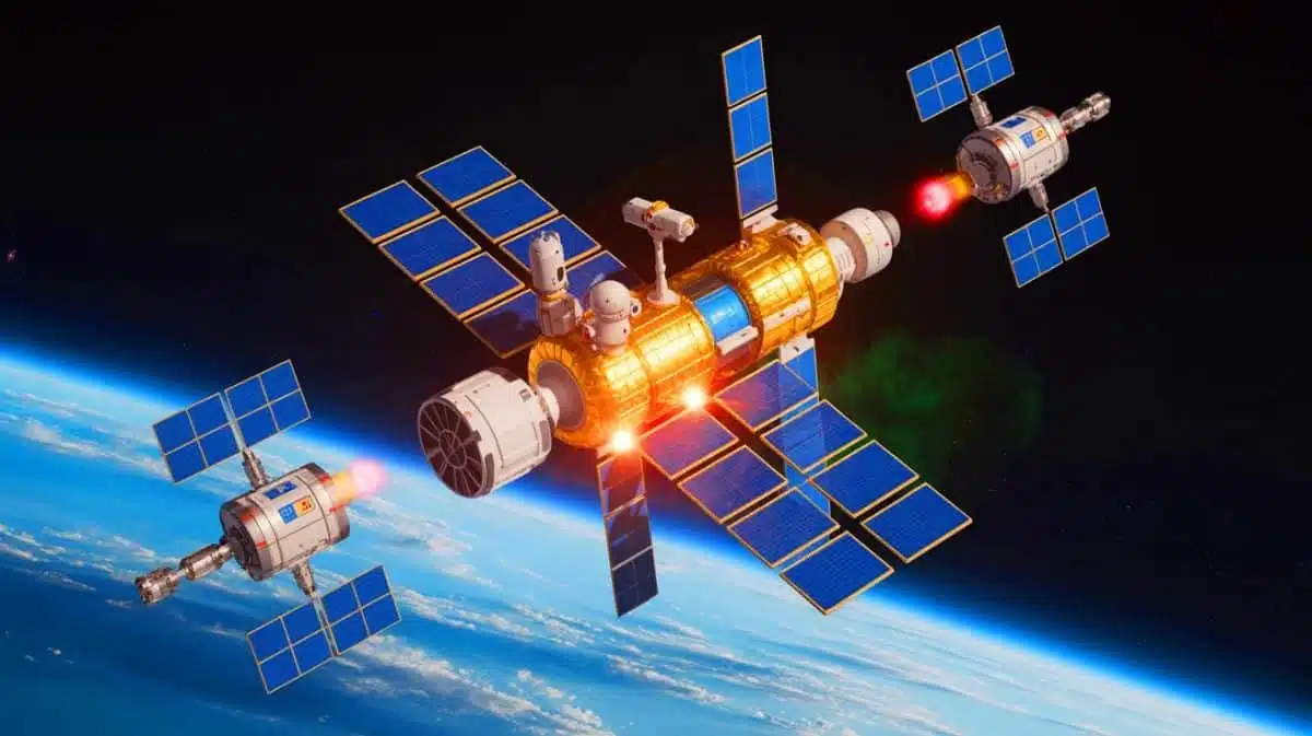 « On a frôlé la catastrophe avec Starlink » : la Chine riposte avec des propulseurs robotisés dans l’espace Illustration de la station spatiale Tiangong avec des robots défenseurs en action. Image réalisée par IA.