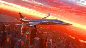 Illustration de l'avion supersonique C949 de COMAC survolant un paysage urbain. Image réalisée par IA.