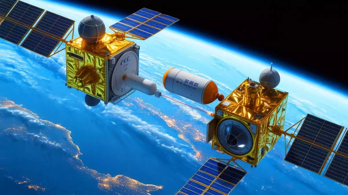 Illustration de deux satellites chinois en orbite géostationnaire pour un test de ravitaillement. Image réalisée par IA.