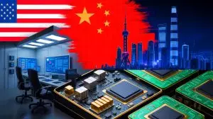 Illustration de la guerre technologique entre les États-Unis et la Chine concernant les logiciels de conception de puces. Image réalisée par IA.