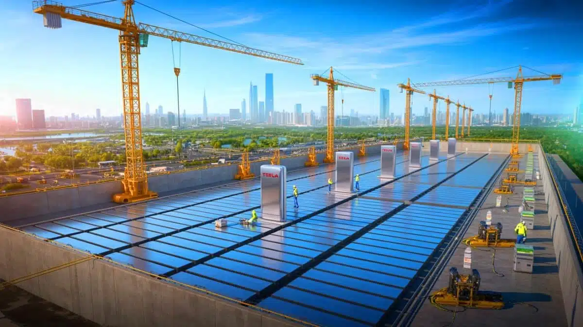Illustration de la future centrale de batteries de Tesla en Chine. Image réalisée par IA.
