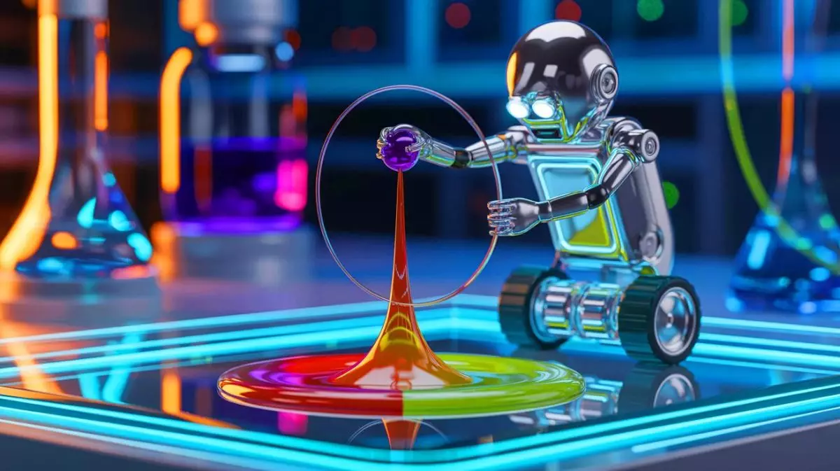 Illustration de microrobot manipulant des gouttelettes de liquide à l'aide de champs magnétiques. Image réalisée par IA.
