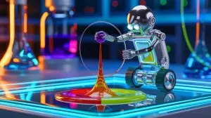 Illustration de microrobot manipulant des gouttelettes de liquide à l'aide de champs magnétiques. Image réalisée par IA.