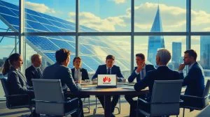 Illustration de l'exclusion de Huawei de l'association SolarPower Europe en raison d'une enquête pour corruption. Image réalisée par IA.