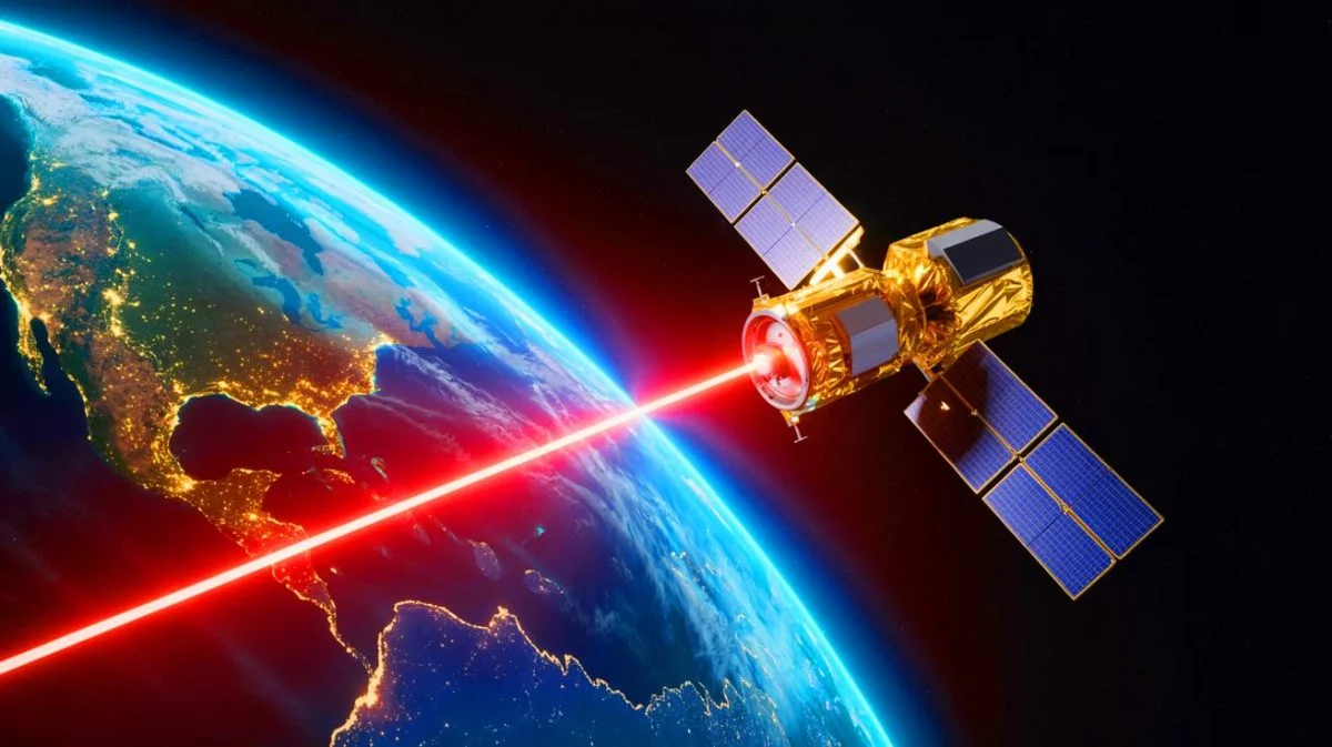 Illustration de la transmission de données par laser depuis un satellite chinois en orbite. Image réalisée par IA.