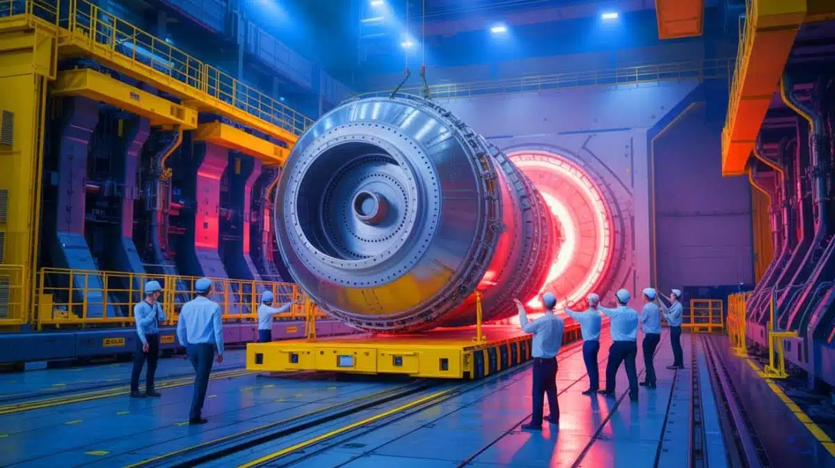 Illustration de la livraison d'un composant crucial pour le projet ITER en provenance de Chine. Image réalisée par IA.