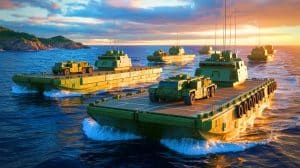 Illustration de barges amphibies chinoises débarquant des blindés lourds sur les côtes taïwanaises. Image réalisée par IA.