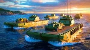 Illustration de barges amphibies chinoises débarquant des blindés lourds sur les côtes taïwanaises. Image réalisée par IA.