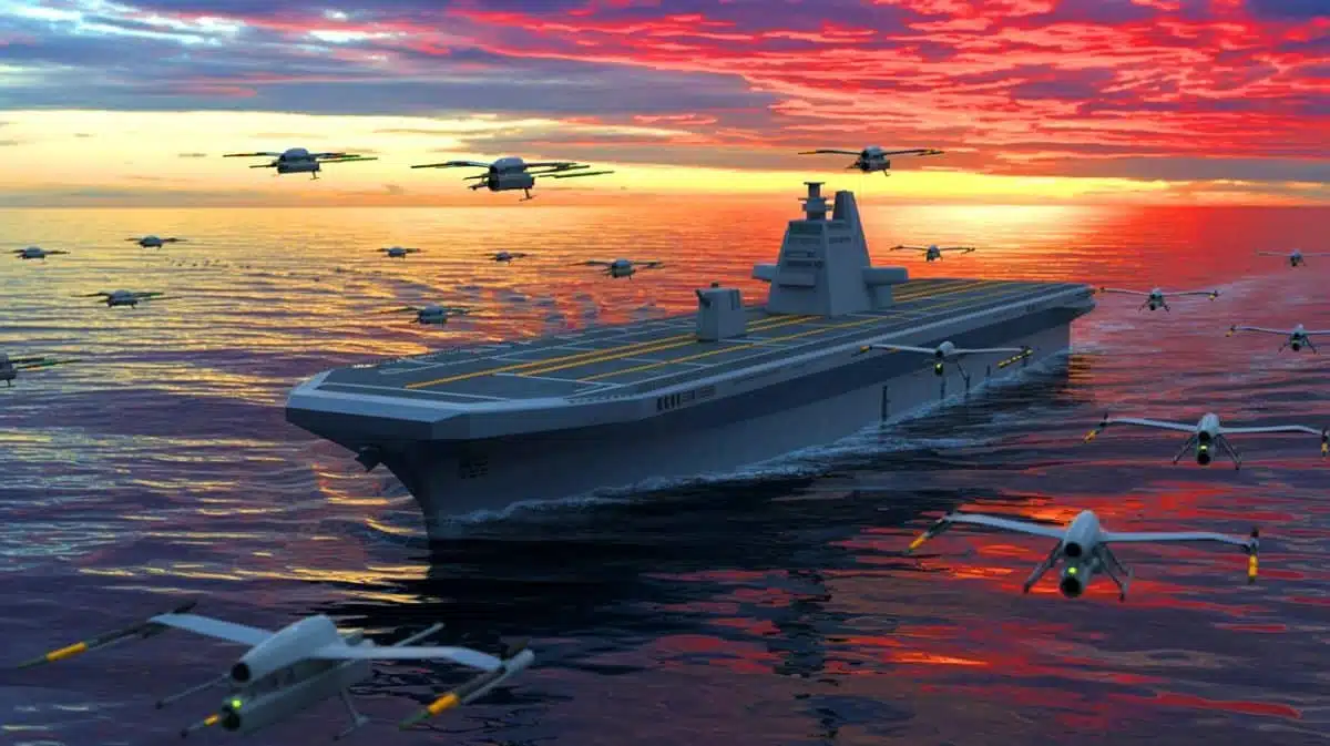 Illustration de la Chine lançant un porte-drones capable de transporter 100 petits drones. Image réalisée par IA.