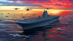 Illustration de la Chine lançant un porte-drones capable de transporter 100 petits drones. Image réalisée par IA.
