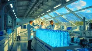 Illustration de la transformation des bouteilles en plastique en hydrogène propre grâce à la technologie solaire. Image réalisée par IA.