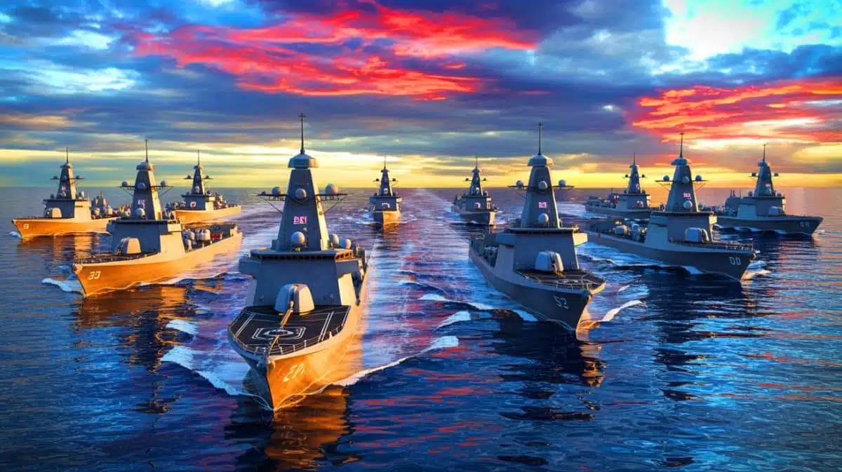 Illustration de l'expansion de la Royal Navy britannique pour renforcer la préparation au combat. Image réalisée par IA.