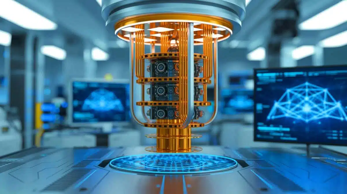 Illustration de l'ordinateur quantique Starling d'IBM dans un laboratoire. Image réalisée par IA.