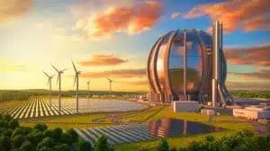 Illustration de la centrale prototype STEP pour la fusion nucléaire au Royaume-Uni. Image réalisée par IA.