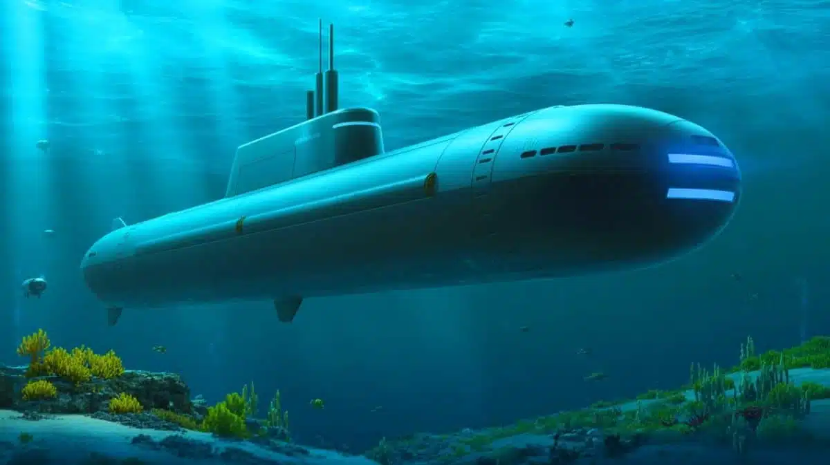 Illustration de l'Ocean Explorer, un sous-marin autonome géant développé par la marine américaine. Image réalisée par IA.