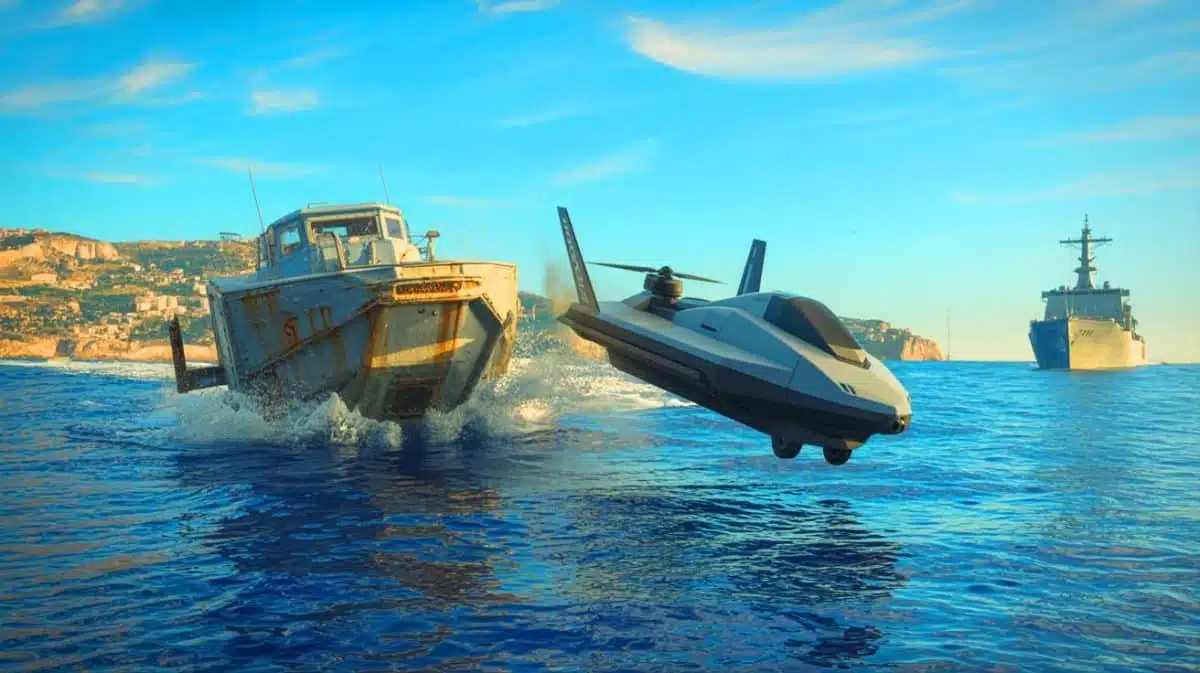 Illustration de l'expérimentation d'un drone d'attaque maritime par la Marine nationale française. Image réalisée par IA.