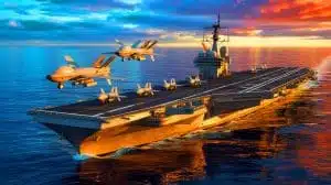 Illustration de porte-avions britanniques équipés de missiles à longue portée et de systèmes autonomes. Image réalisée par IA.