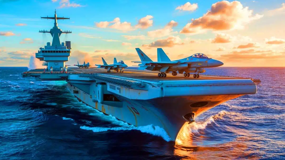 Illustration de l'avancée technologique du porte-avions Fujian équipé d'un système de lancement électromagnétique. Image réalisée par IA.